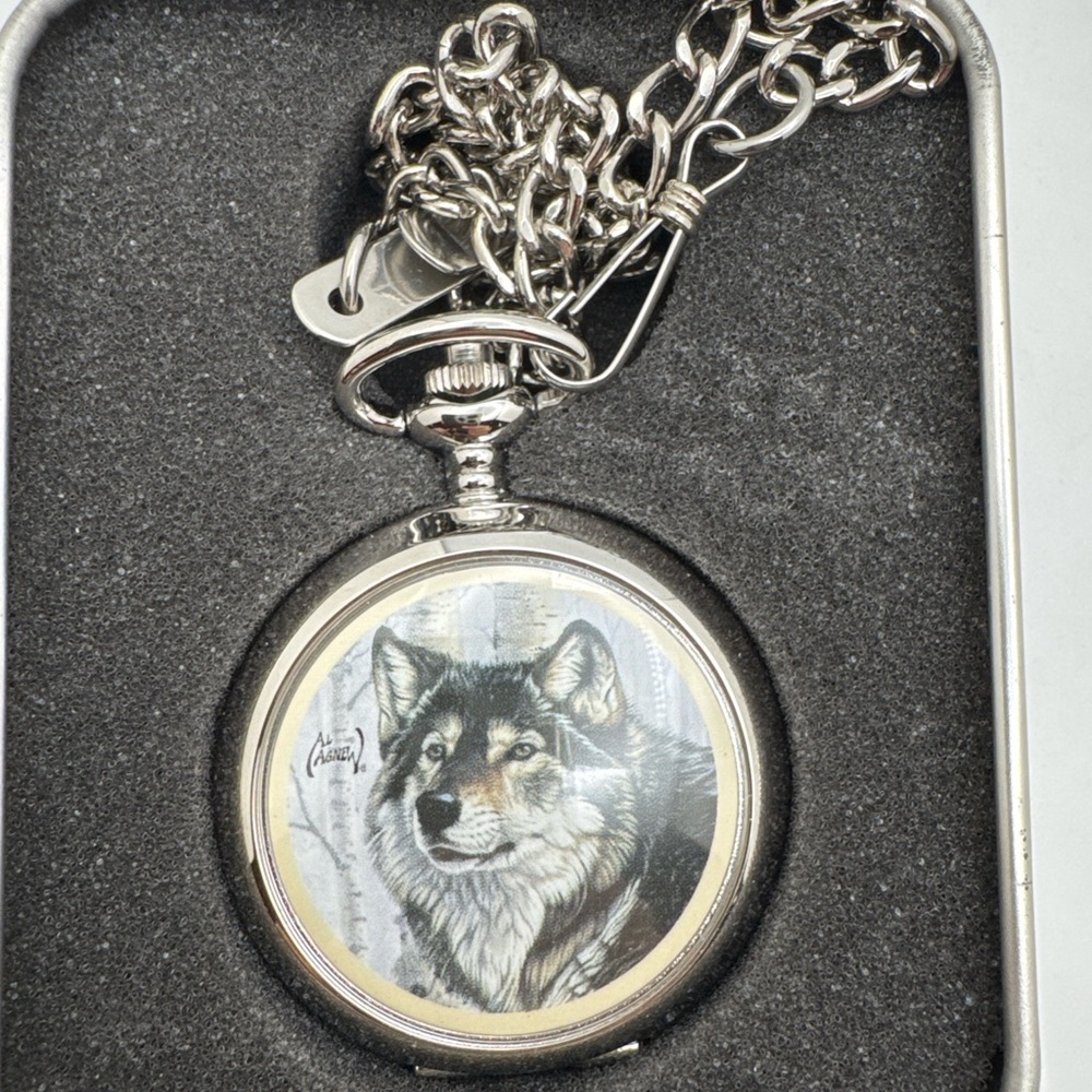 Silver Pocket Watch with Wolf Artwork